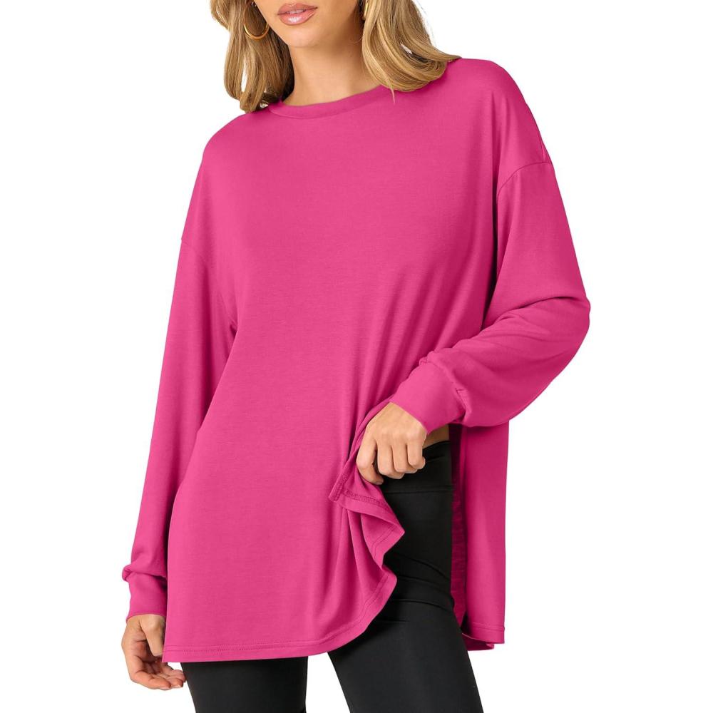 imageANRABESS Womens Oversized Long Sleeve shirts Fall Workout Tunic Tops Athletic Gym Tshirts Soft Basic Tees 2025 OutfitsHot Pink