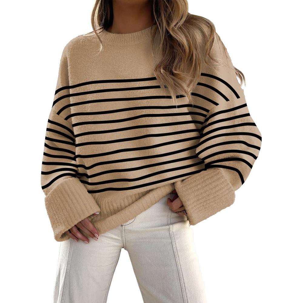 imageANRABESS Womens Oversized Sweaters 2025 Long Sleeve Fuzzy Knit Casual Chunky Pullover Sweater Fall Outfits ClothesCamel Black Stripe