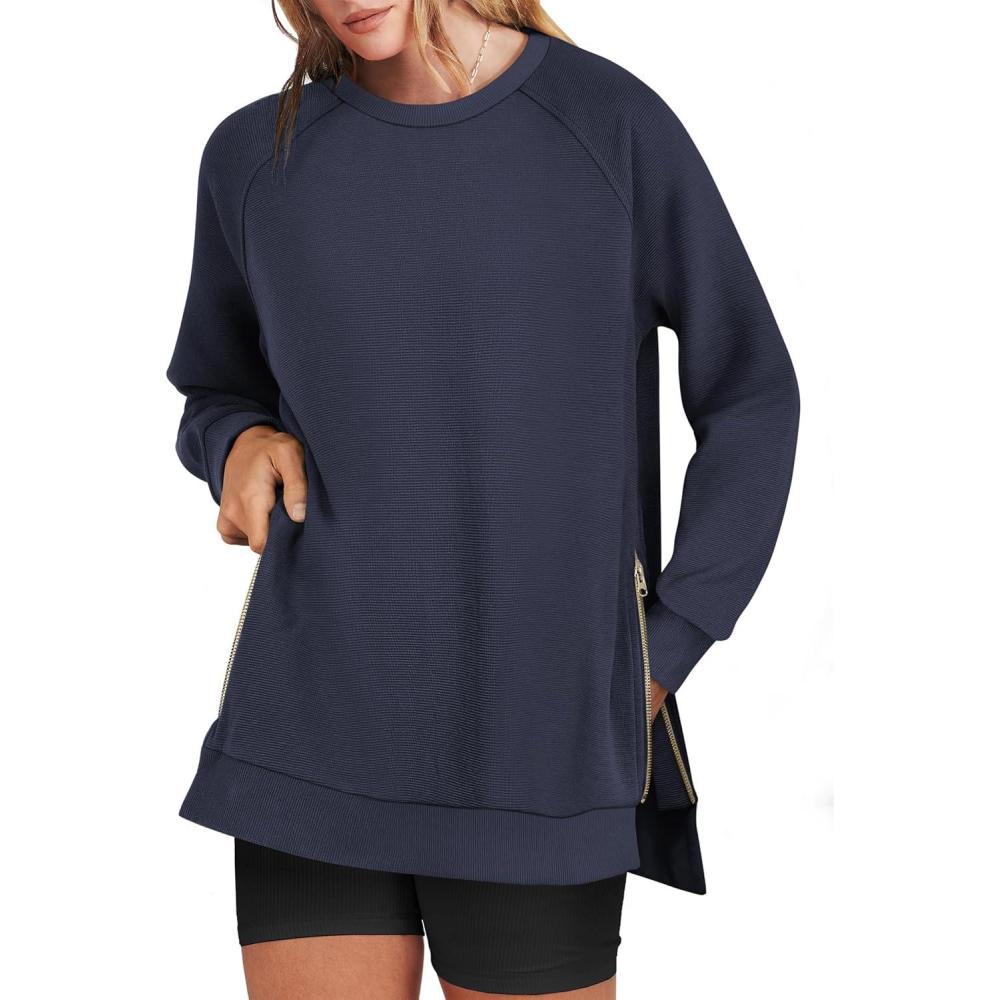 imageANRABESS Womens Oversized Sweatshirts Crewneck Long Sleeve Tunic Pullover Shirts Side Zipper Hoodies 2025 Fall ClothesNavy Blue