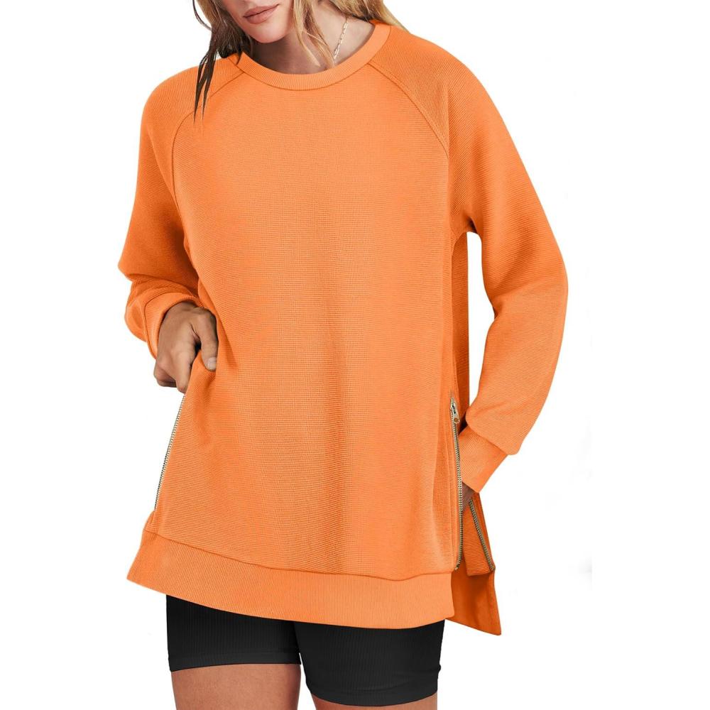 imageANRABESS Womens Oversized Sweatshirts Crewneck Long Sleeve Tunic Pullover Shirts Side Zipper Hoodies 2025 Fall ClothesOrange