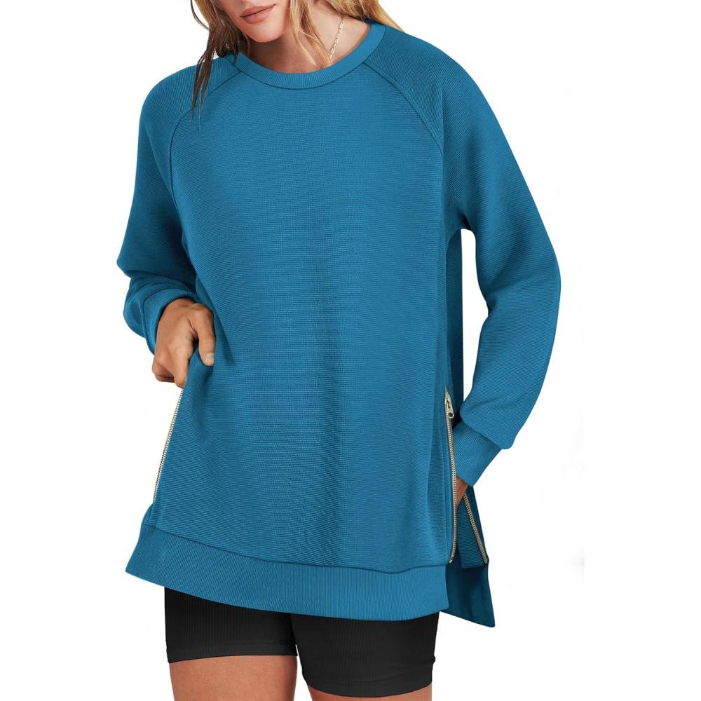 imageANRABESS Womens Oversized Sweatshirts Crewneck Long Sleeve Tunic Pullover Shirts Side Zipper Hoodies 2025 Fall ClothesSteel Blue