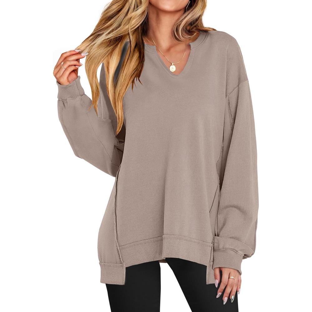 imageANRABESS Womens Oversized Sweatshirts Long Sleeve Tunic Shirts V Neck Loose Pullover Tops 2025 Trendy Fall Teen Girls OutfitDark Khaki