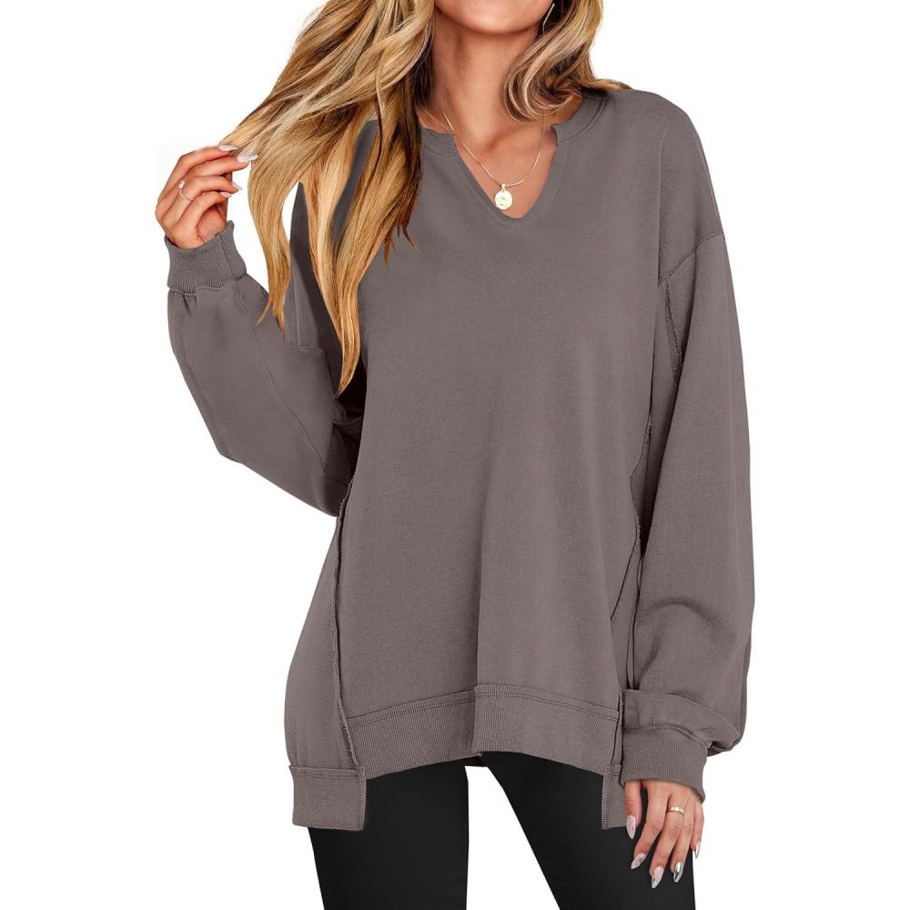 imageANRABESS Womens Oversized Sweatshirts Long Sleeve Tunic Shirts V Neck Loose Pullover Tops 2025 Trendy Fall Teen Girls OutfitLight Brown