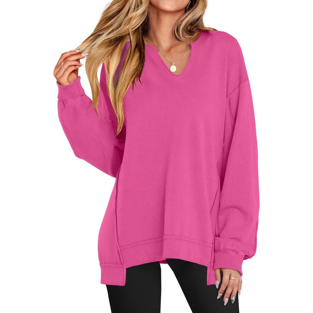 imageANRABESS Womens Oversized Sweatshirts Long Sleeve Tunic Shirts V Neck Loose Pullover Tops 2025 Trendy Fall Teen Girls OutfitRose