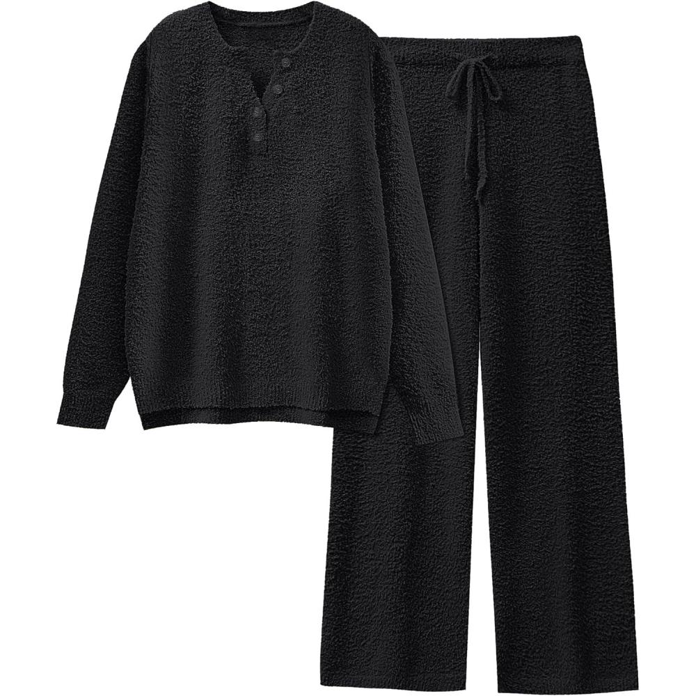 imageANRABESS Womens Pajama Fuzzy Fleece 2 Piece Long Sleeve Top Wide Leg Pants Lounge Matching Pj Sets 2025 Fall Winter OutfitsBlack