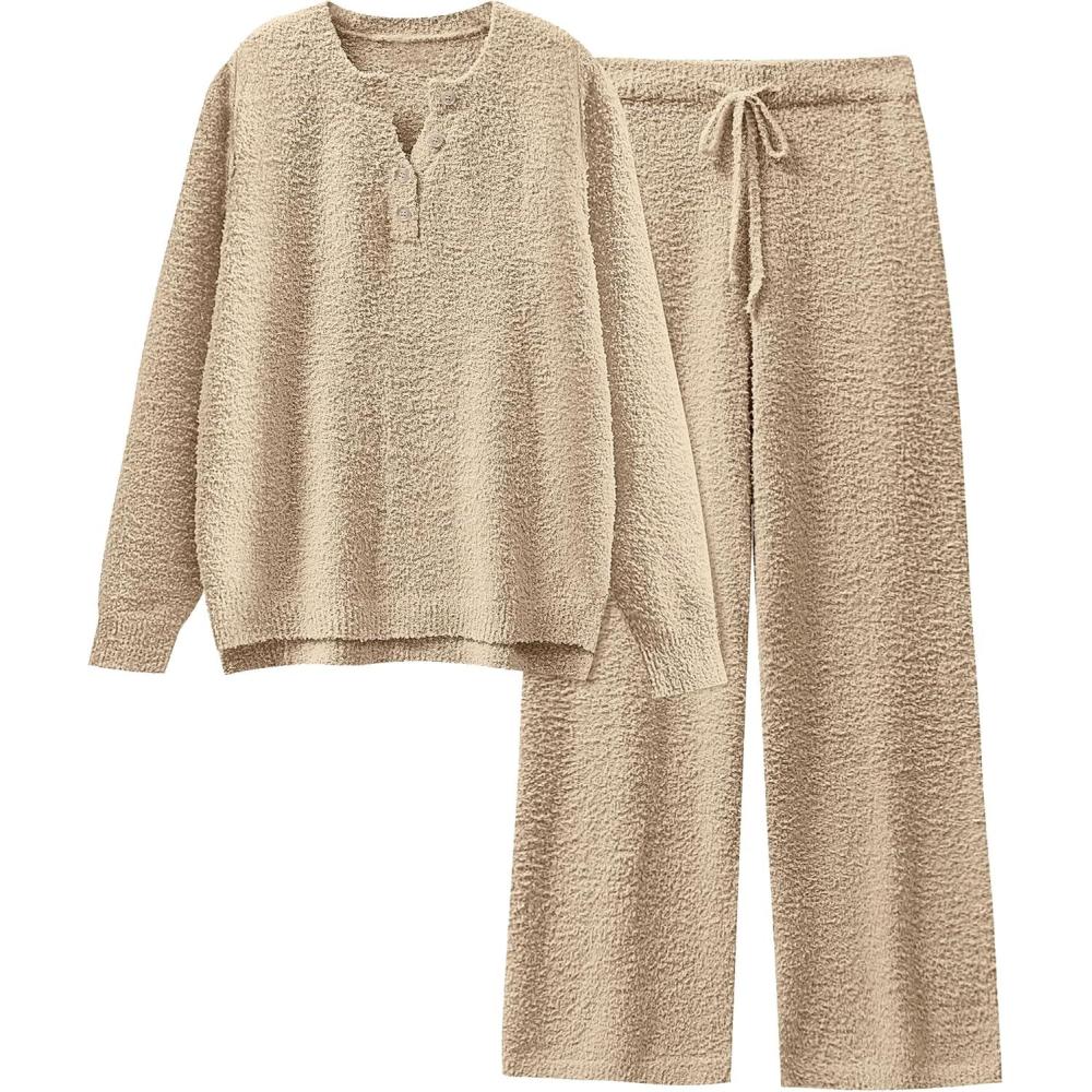 imageANRABESS Womens Pajama Fuzzy Fleece 2 Piece Long Sleeve Top Wide Leg Pants Lounge Matching Pj Sets 2025 Fall Winter OutfitsLight Khaki