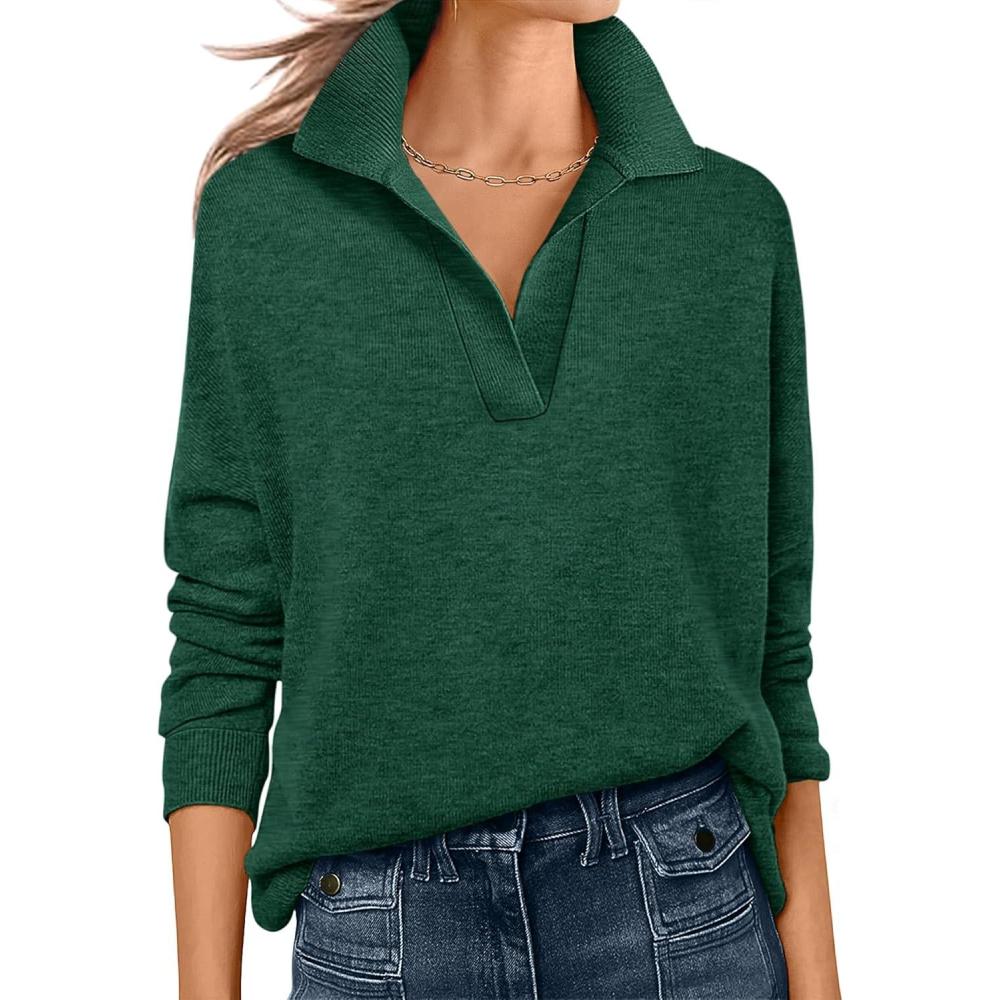 imageANRABESS Womens Polo V Neck Long Sleeve Sweaters Lightweight Dressy Casual Business Basic Knit Pullover Top 2025 Fall OutfitsForest Green