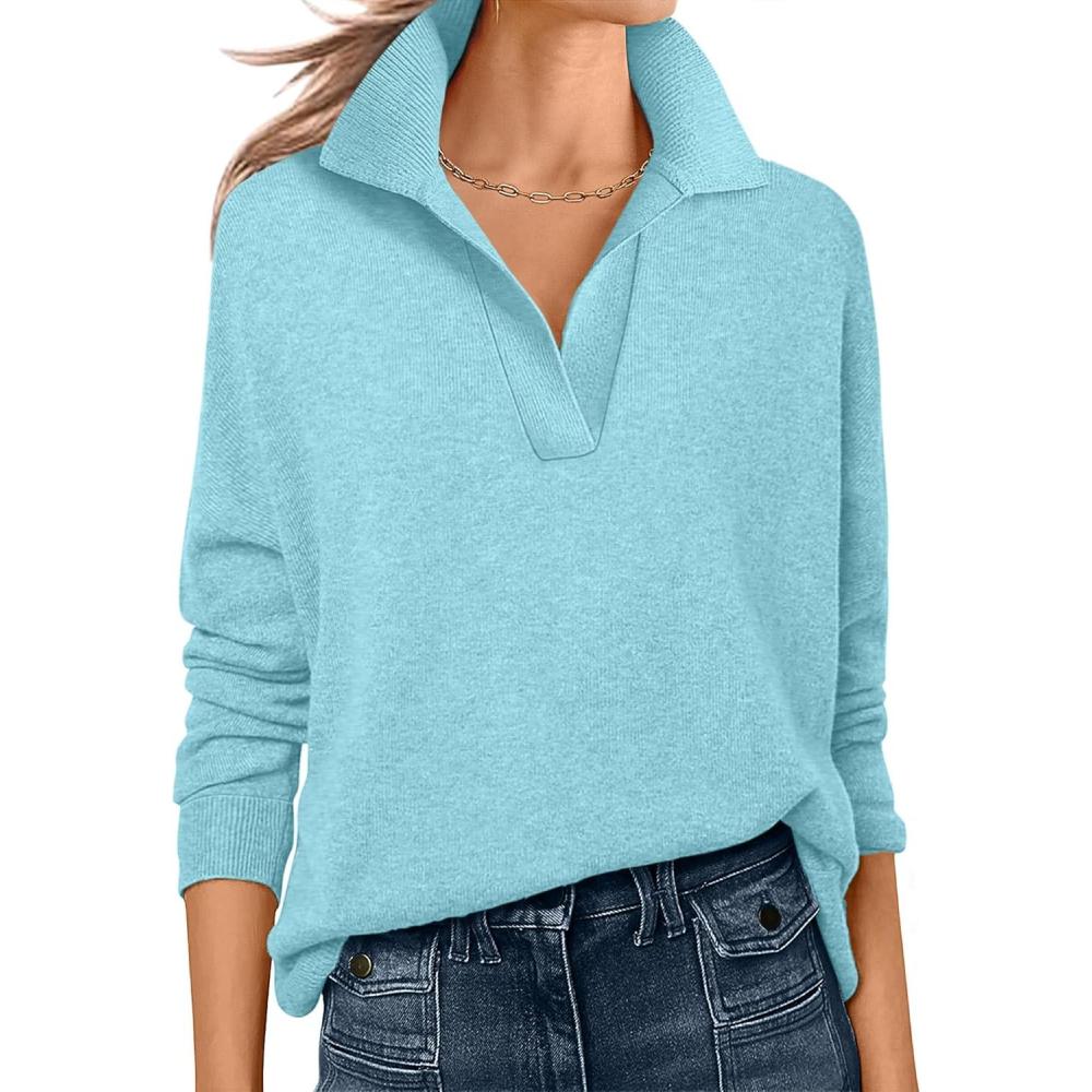 imageANRABESS Womens Polo V Neck Long Sleeve Sweaters Lightweight Dressy Casual Business Basic Knit Pullover Top 2025 Fall OutfitsLight Blue