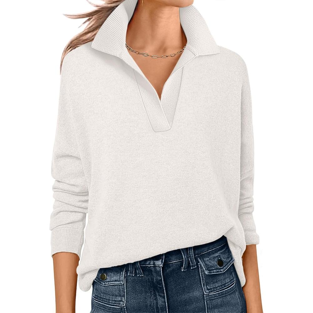 imageANRABESS Womens Polo V Neck Long Sleeve Sweaters Lightweight Dressy Casual Business Basic Knit Pullover Top 2025 Fall OutfitsWhite