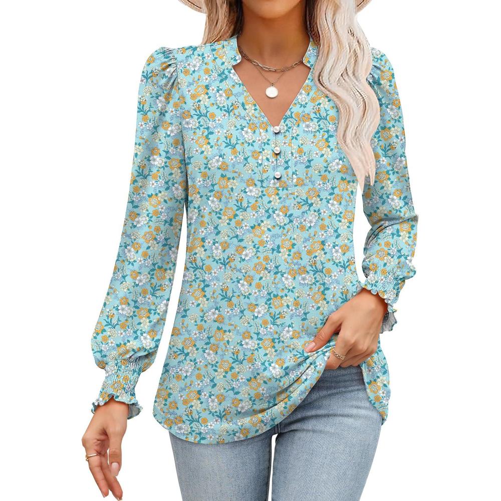 imageANRABESS Womens Puff Long Sleeve Shirts Dressy Casual Blouses 2025 Fall V Neck Loose Fit Floral Business Work Tunic TopsOrange White Floral