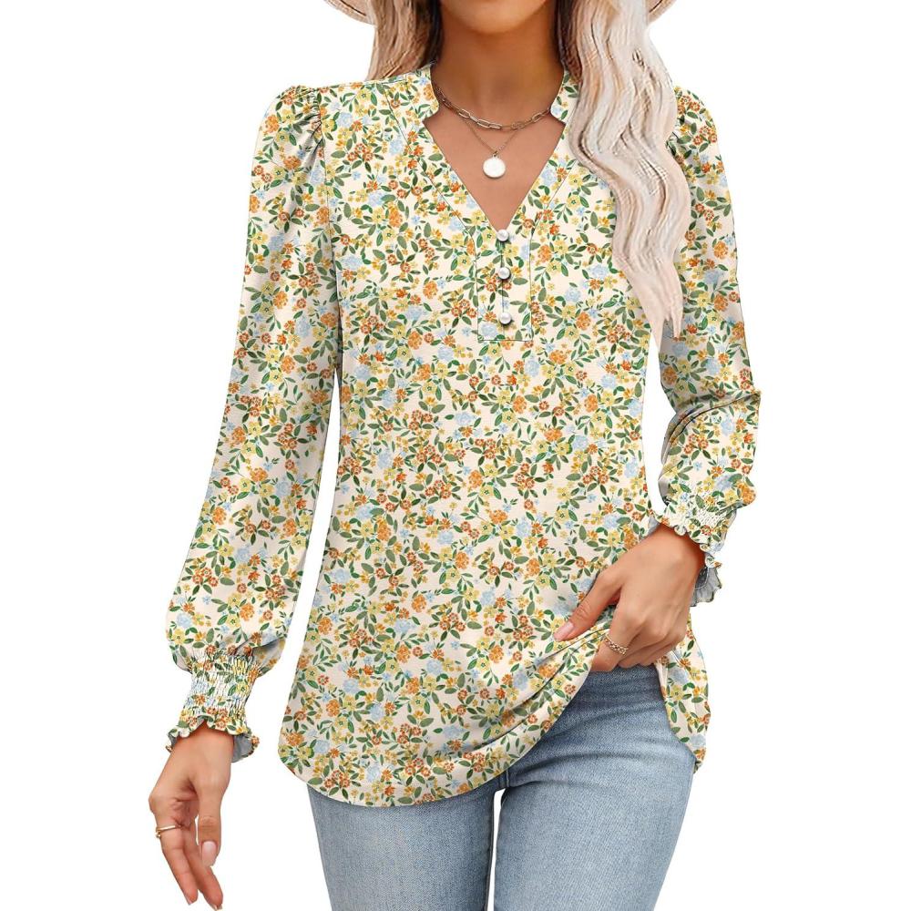 imageANRABESS Womens Puff Long Sleeve Shirts Dressy Casual Blouses 2025 Fall V Neck Loose Fit Floral Business Work Tunic TopsOrange Yellow Floral