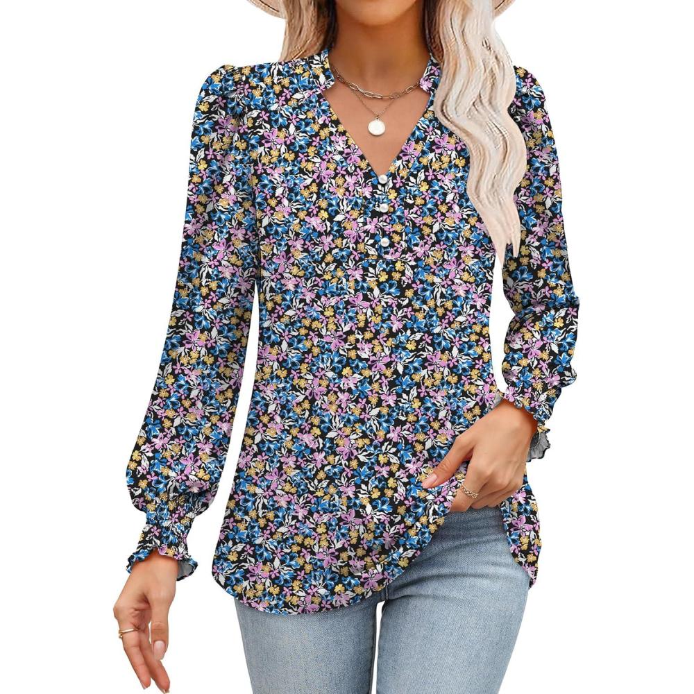 imageANRABESS Womens Puff Long Sleeve Shirts Dressy Casual Blouses 2025 Fall V Neck Loose Fit Floral Business Work Tunic TopsPurple Blue Floral