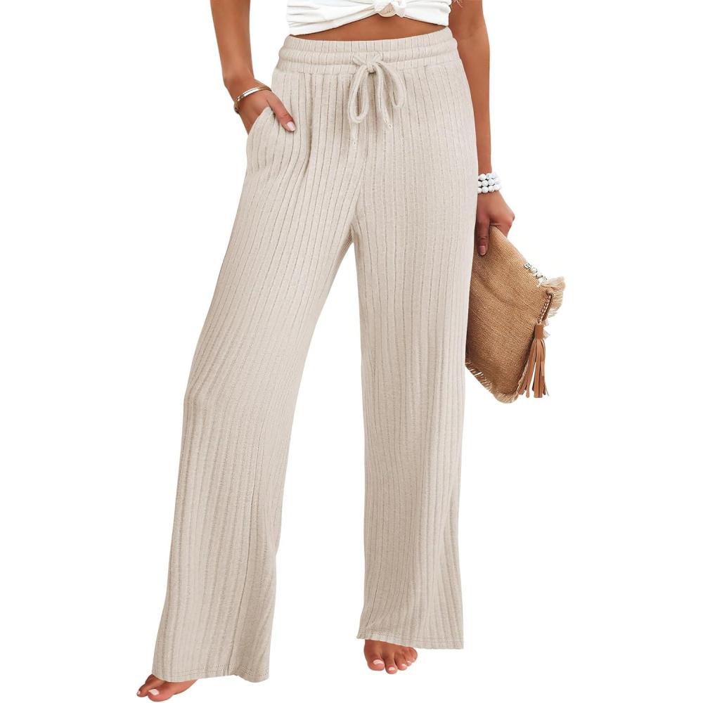 imageANRABESS Womens Ribbed Knit Lounge Pajama Pants Soft Fuzzy Comfy Straight Leg Drawstring Fall Loose Pj Bottoms with PocketsLight Khaki