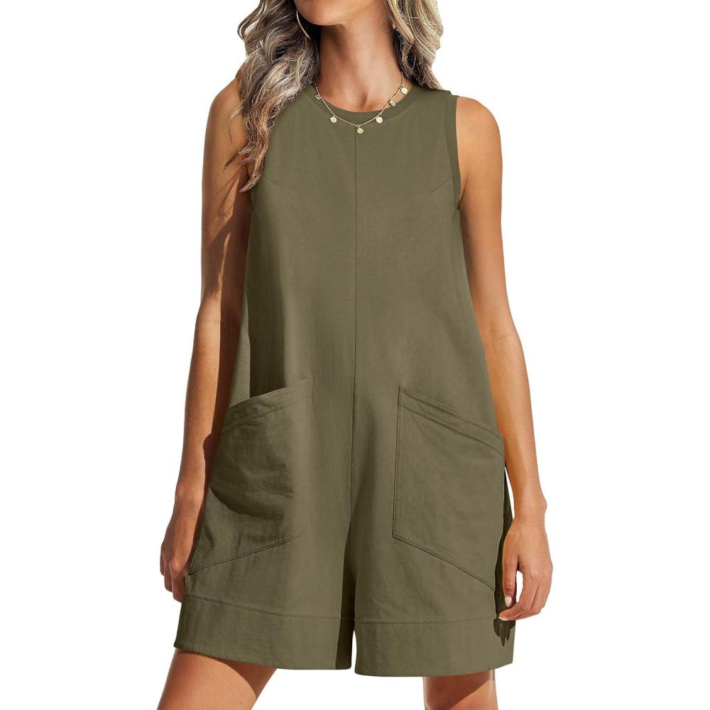 imageANRABESS Womens Romper Casual Loose Sleeveless 2025 Summer One Piece Outfit Crewneck Short Jumpsuit Overall Outfits ampamp PocketsArmy Green