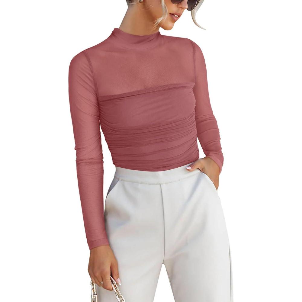 imageANRABESS Womens Sexy Mesh Long Sleeve Shirts Trendy Mock Neck Sheer Ruched Going Out Tops Fall Slim Fit Blouses 2025Dusty Pink