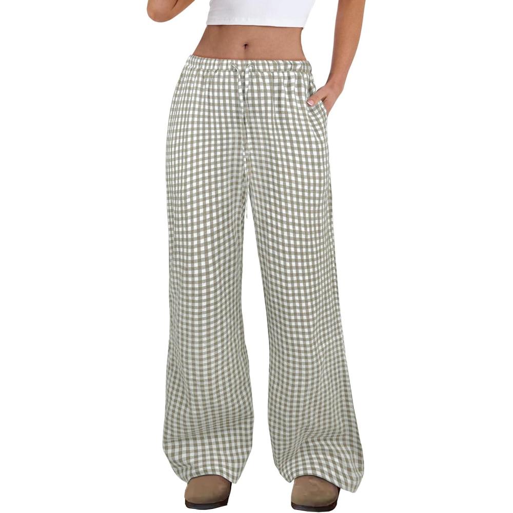 imageANRABESS Womens Striped Gingham Pants 2025 Fall Pajama Lounge Boxer Pants Casual Wide Leg Drawstring PJ Bottoms TrousersArmy Green White Plaid