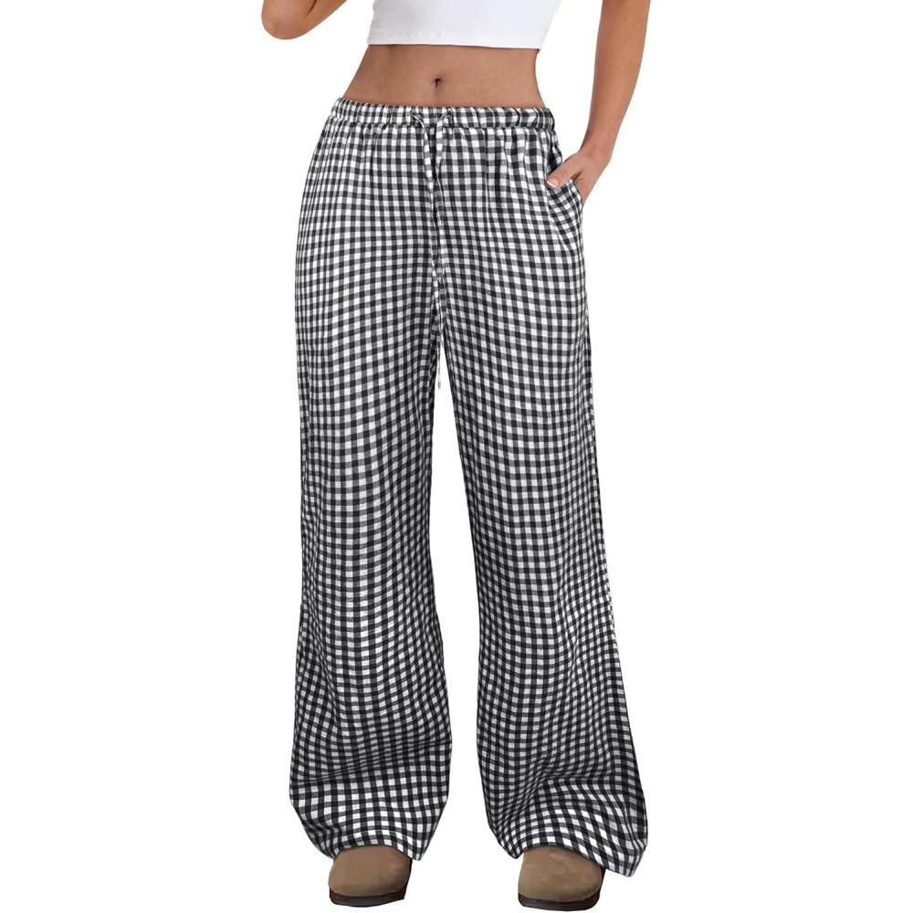 imageANRABESS Womens Striped Gingham Pants 2025 Fall Pajama Lounge Boxer Pants Casual Wide Leg Drawstring PJ Bottoms TrousersBlack White Plaid