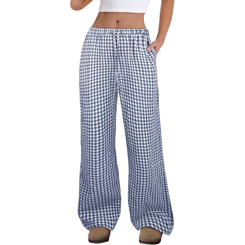 imageANRABESS Womens Striped Gingham Pants 2025 Fall Pajama Lounge Boxer Pants Casual Wide Leg Drawstring PJ Bottoms TrousersBlue White Plaid