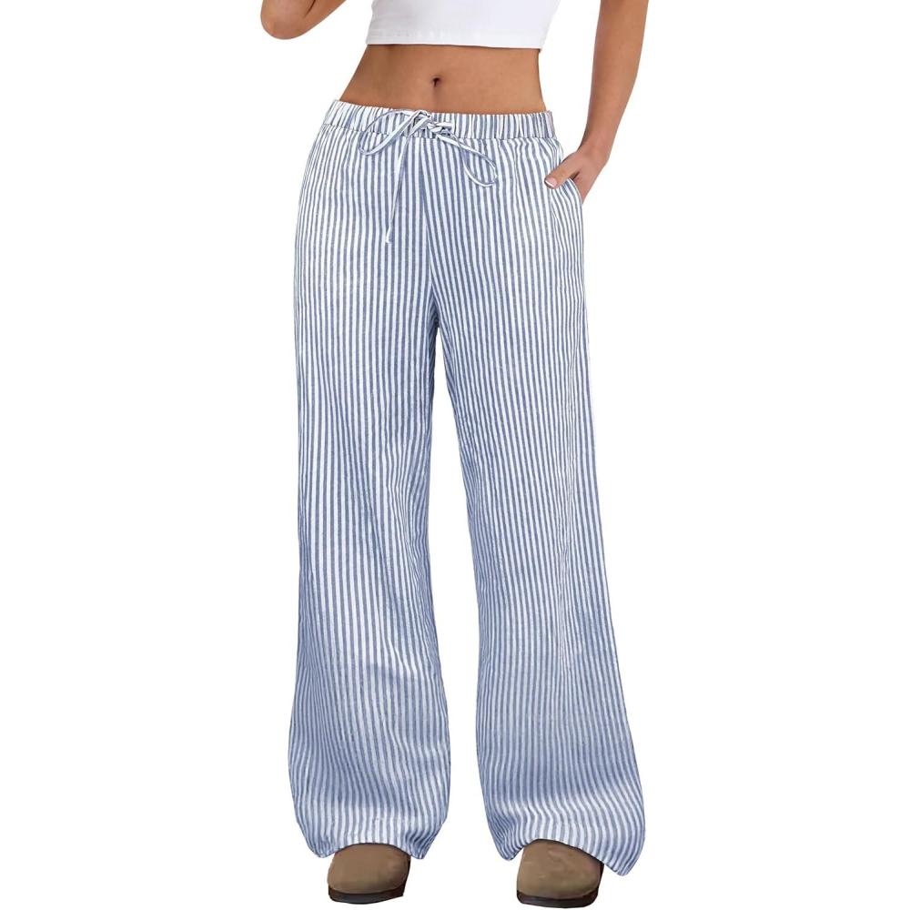 imageANRABESS Womens Striped Gingham Pants 2025 Fall Pajama Lounge Boxer Pants Casual Wide Leg Drawstring PJ Bottoms TrousersBlue White Stripe
