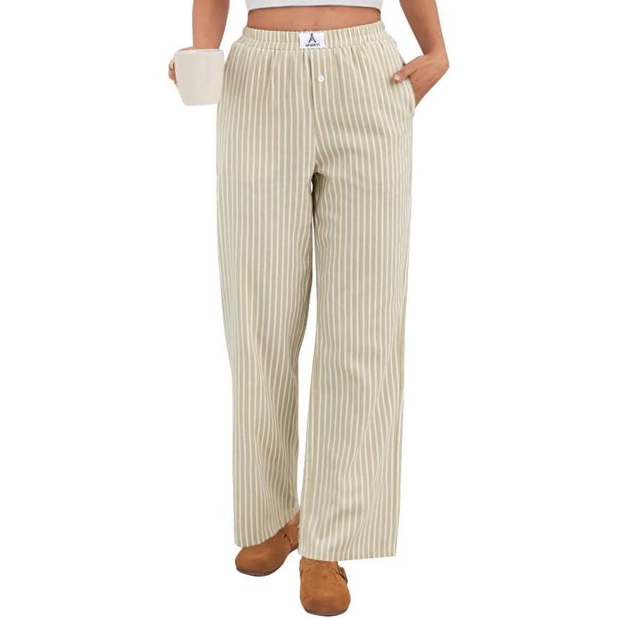 imageANRABESS Womens Striped Gingham Pants 2025 Pajama Lounge Boxer Pants Cute Comfy PJ Bottoms with Pockets Y2K Plaid OutfitsApricot White Wide Stripe