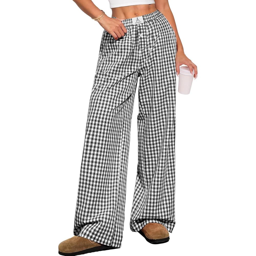 imageANRABESS Womens Striped Gingham Pants 2025 Pajama Lounge Boxer Pants Cute Comfy PJ Bottoms with Pockets Y2K Plaid OutfitsBlack White Plaid
