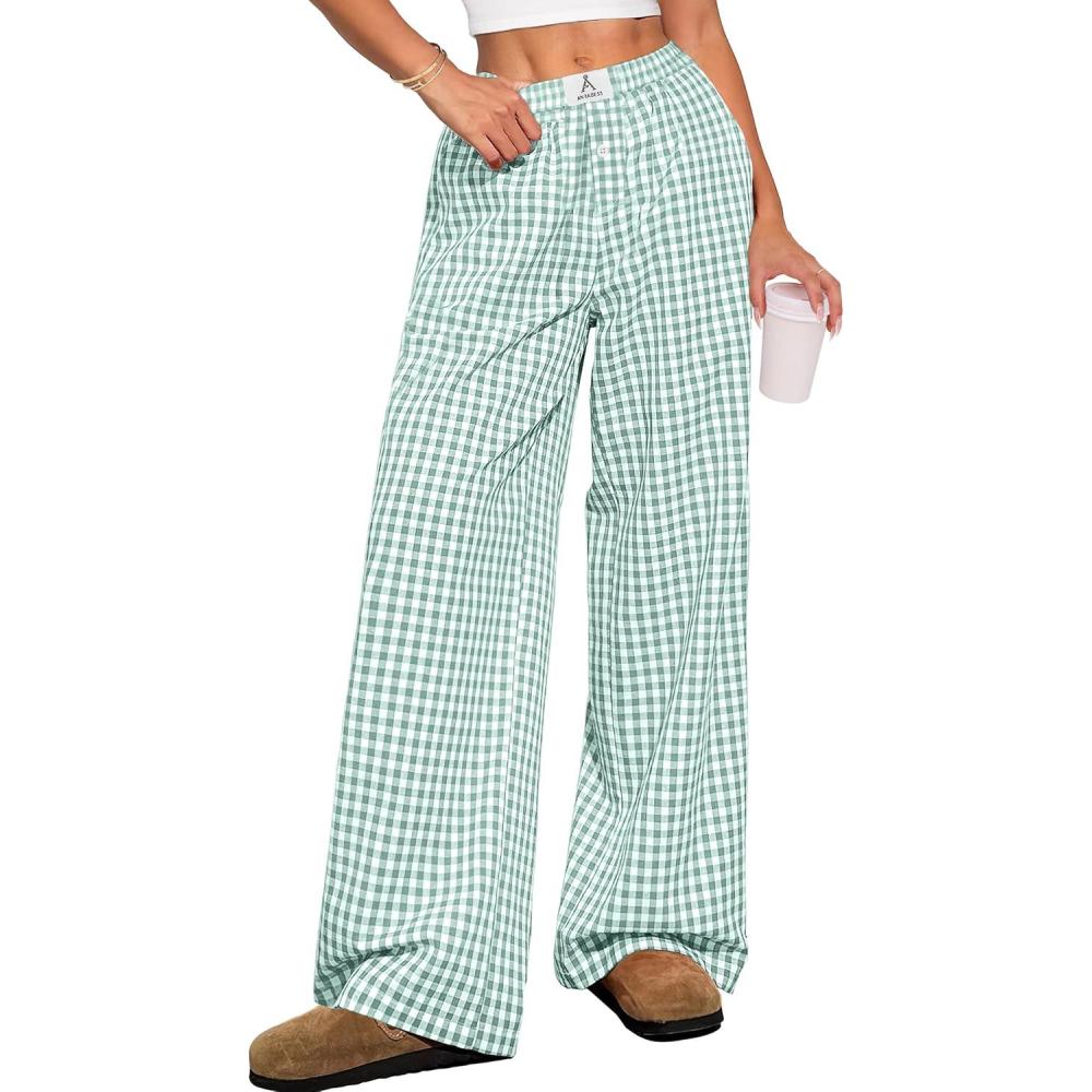 imageANRABESS Womens Striped Gingham Pants 2025 Pajama Lounge Boxer Pants Cute Comfy PJ Bottoms with Pockets Y2K Plaid OutfitsGreen White Plaid