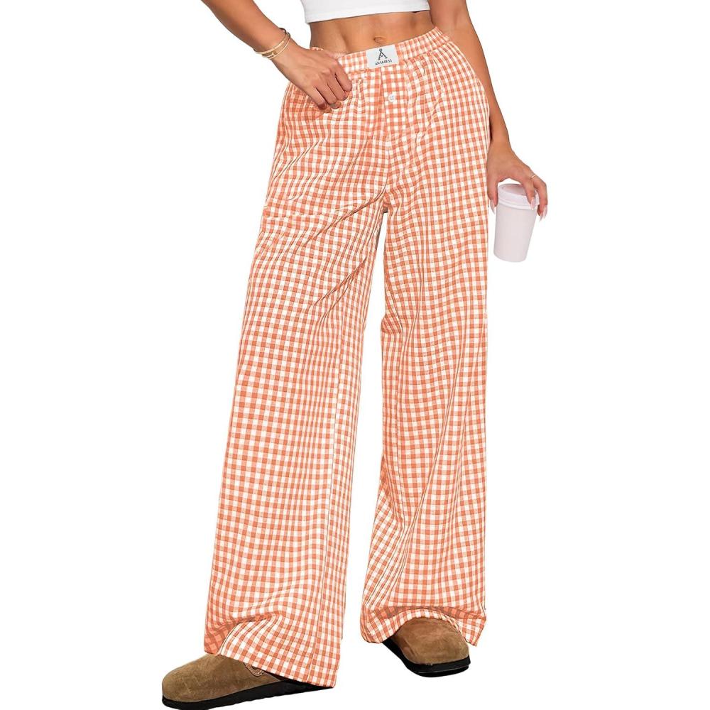 imageANRABESS Womens Striped Gingham Pants 2025 Pajama Lounge Boxer Pants Cute Comfy PJ Bottoms with Pockets Y2K Plaid OutfitsOrange White Plaid