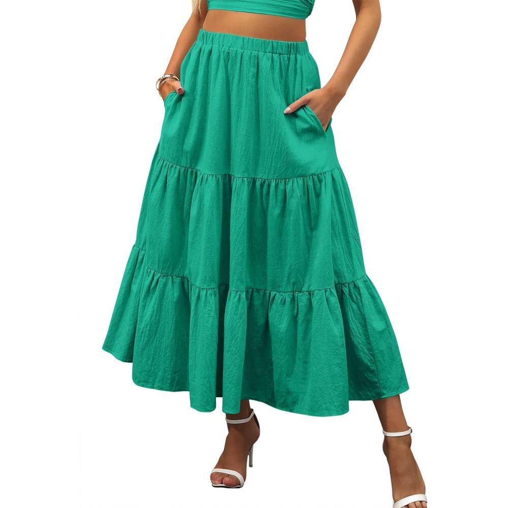 imageANRABESS Womens Summer Boho Flowy Swing Tiered ALine Maxi Skirt 2025 Fashion Trendy Elastic Waist Pleated Long Beach DressForest