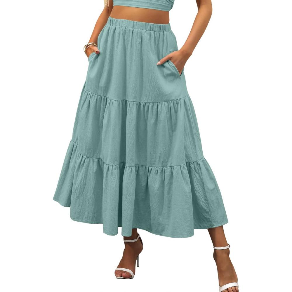 imageANRABESS Womens Summer Boho Flowy Swing Tiered ALine Maxi Skirt 2025 Fashion Trendy Elastic Waist Pleated Long Beach DressLake