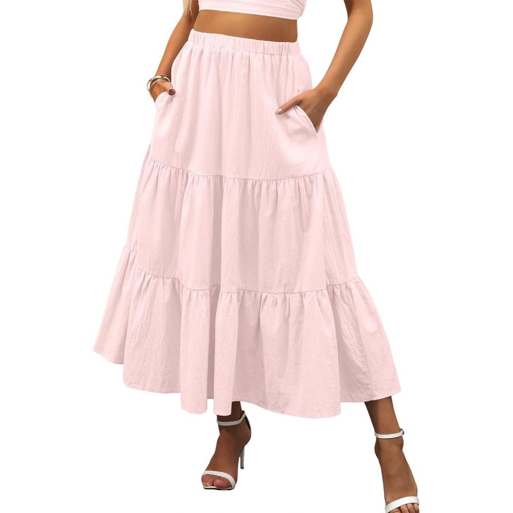 imageANRABESS Womens Summer Boho Flowy Swing Tiered ALine Maxi Skirt 2025 Fashion Trendy Elastic Waist Pleated Long Beach DressLight Pink