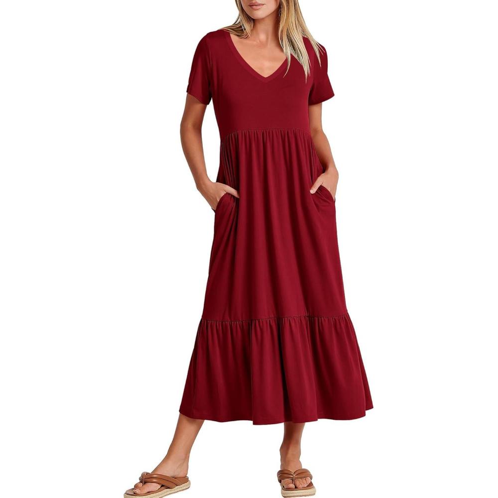 imageANRABESS Womens Summer Casual Short Sleeve T Shirts Maxi Dress Flowy V Neck Tiered Beach Vacation Sundress 2025 OutfitsWine Red Burgundy