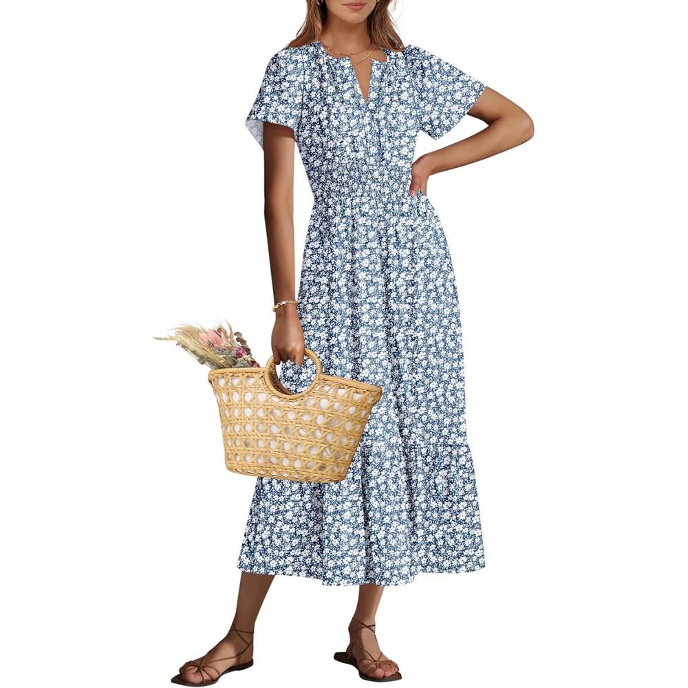 imageANRABESS Womens Summer Short Sleeve Maxi Dress 2025 Casual V Neck High Waist ALine Flowy Loose Tiered Boho Long DressesBlue White Floral