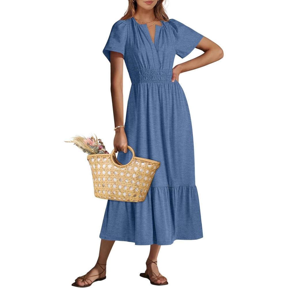 imageANRABESS Womens Summer Short Sleeve Maxi Dress 2025 Casual V Neck High Waist ALine Flowy Loose Tiered Boho Long DressesDark Blue