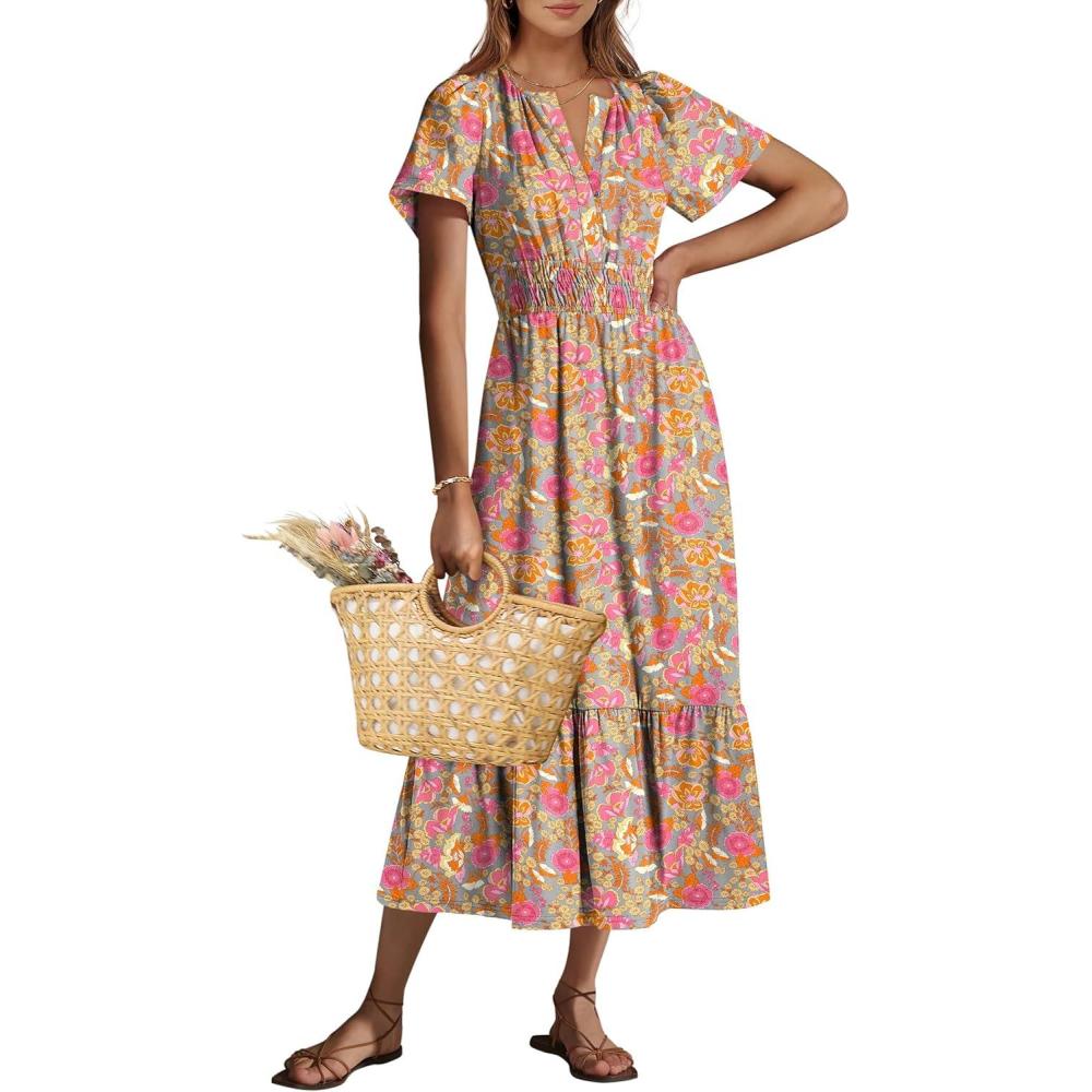 imageANRABESS Womens Summer Short Sleeve Maxi Dress 2025 Casual V Neck High Waist ALine Flowy Loose Tiered Boho Long DressesGrey Pink Floral