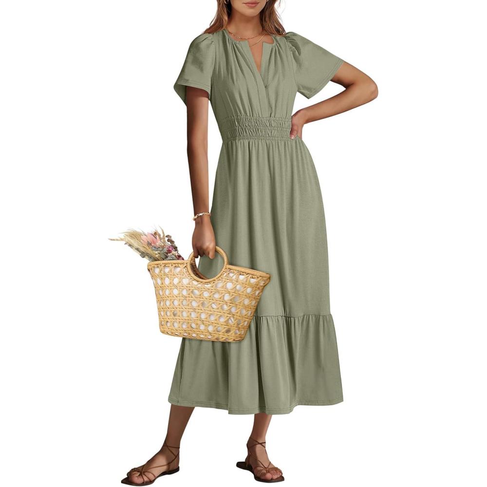 imageANRABESS Womens Summer Short Sleeve Maxi Dress 2025 Casual V Neck High Waist ALine Flowy Loose Tiered Boho Long DressesOlive Green