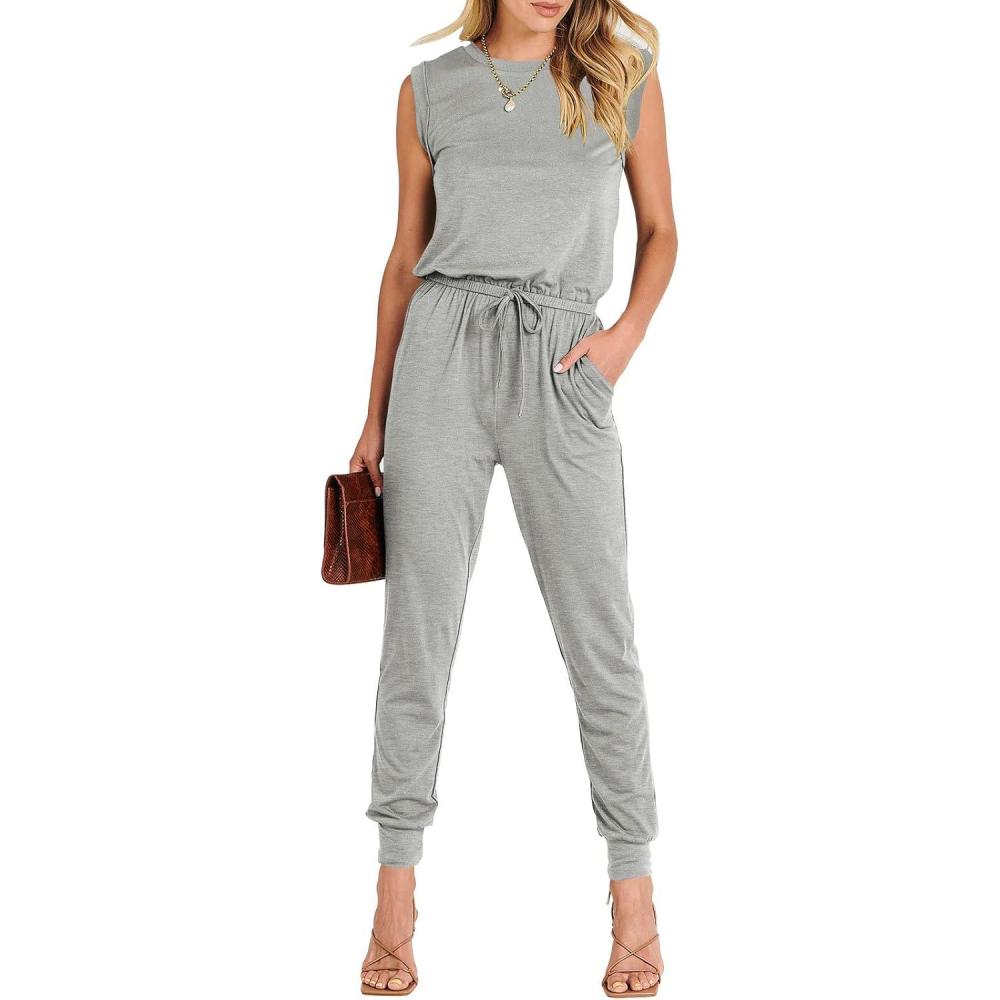 imageANRABESS Womens Summer Sleeveless Jumpsuits Casual Dressy Stretchy Crewneck Rompers One Piece Outfits Fall Fashion 2025Gray