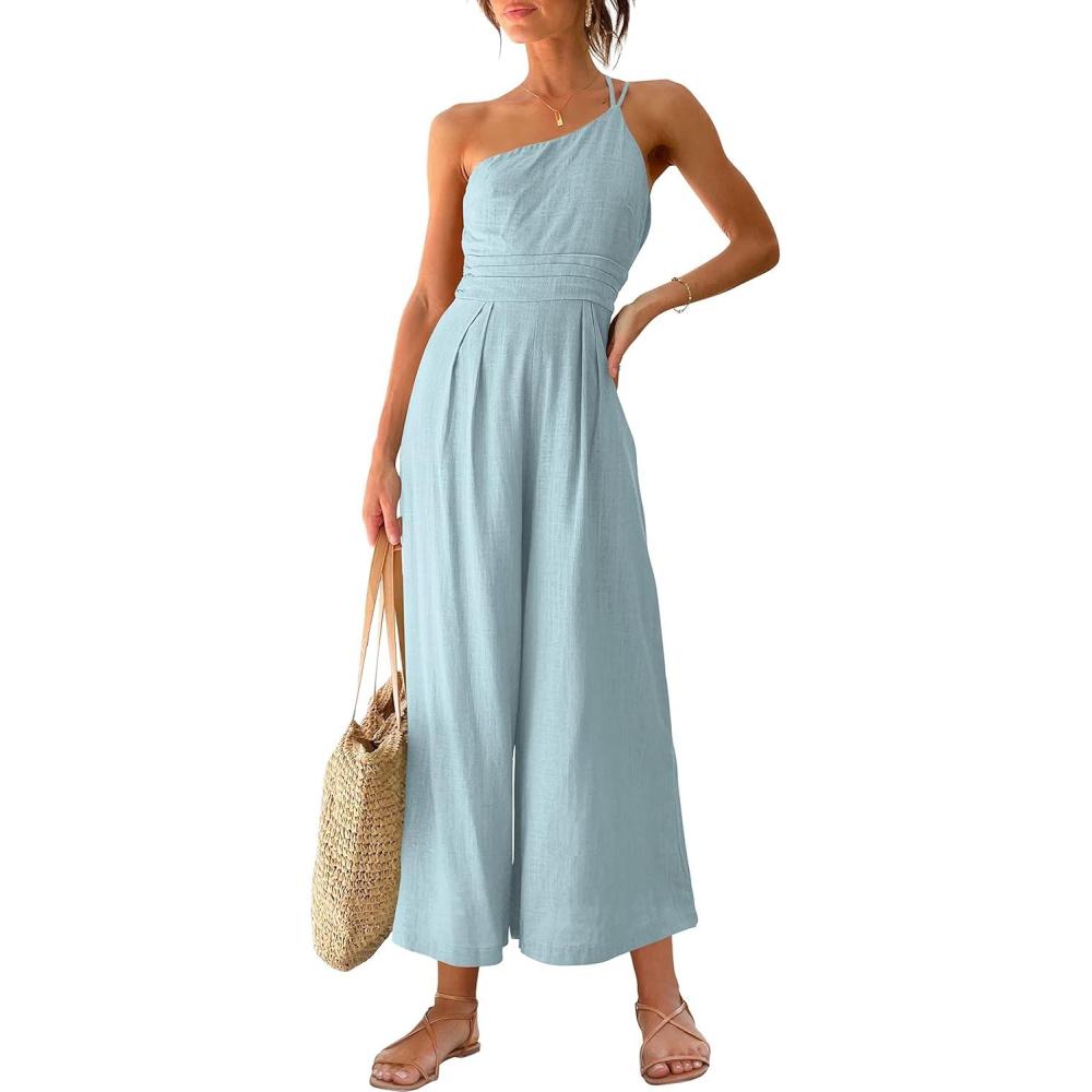 imageANRABESS Womens Summer Straps One Shoulder High Waist Dressy Casual Wide Leg Linen Jumpsuit Romper Beach Travel OutfitsSky Blue