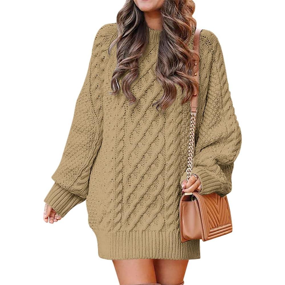 imageANRABESS Womens Sweater Dress Oversized Cable Knit Chunky Long Sleeve Short Dresses 2025 Fall Outfits Vacation Winter ClothesKhaki