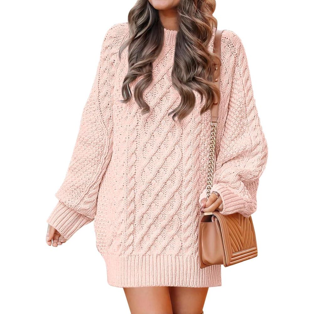 imageANRABESS Womens Sweater Dress Oversized Cable Knit Chunky Long Sleeve Short Dresses 2025 Fall Outfits Vacation Winter ClothesPink