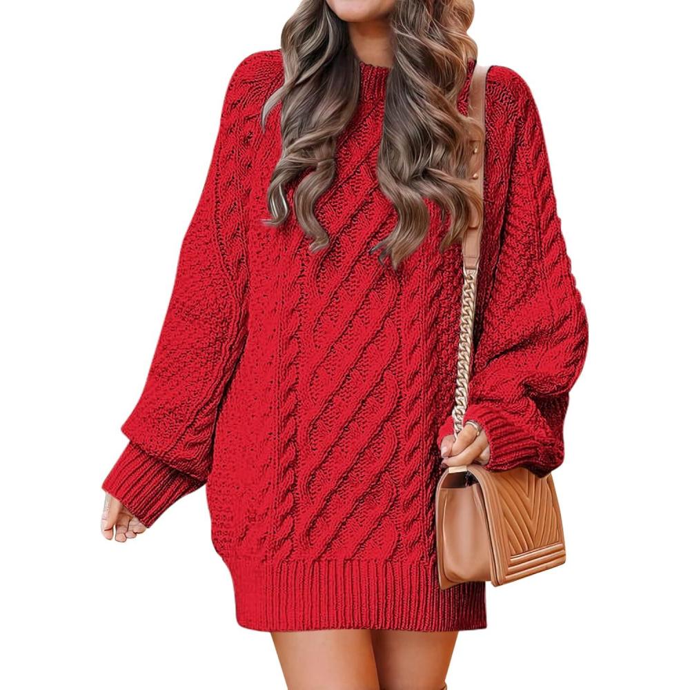 imageANRABESS Womens Sweater Dress Oversized Cable Knit Chunky Long Sleeve Short Dresses 2025 Fall Outfits Vacation Winter ClothesRed