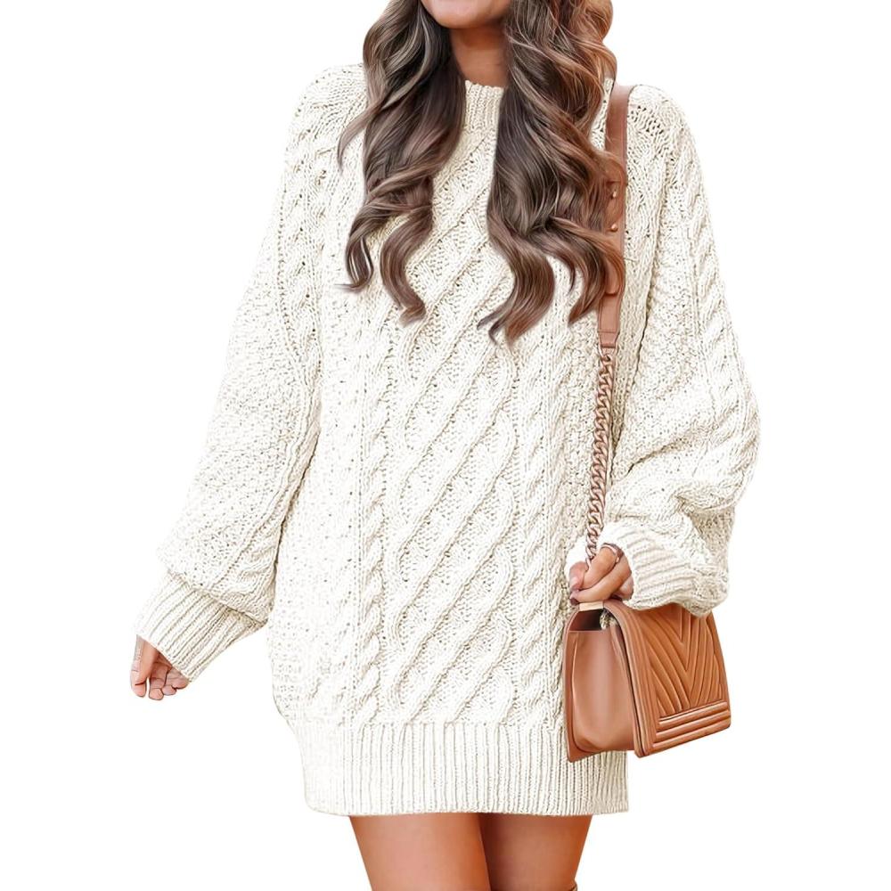 imageANRABESS Womens Sweater Dress Oversized Cable Knit Chunky Long Sleeve Short Dresses 2025 Fall Outfits Vacation Winter ClothesWhite