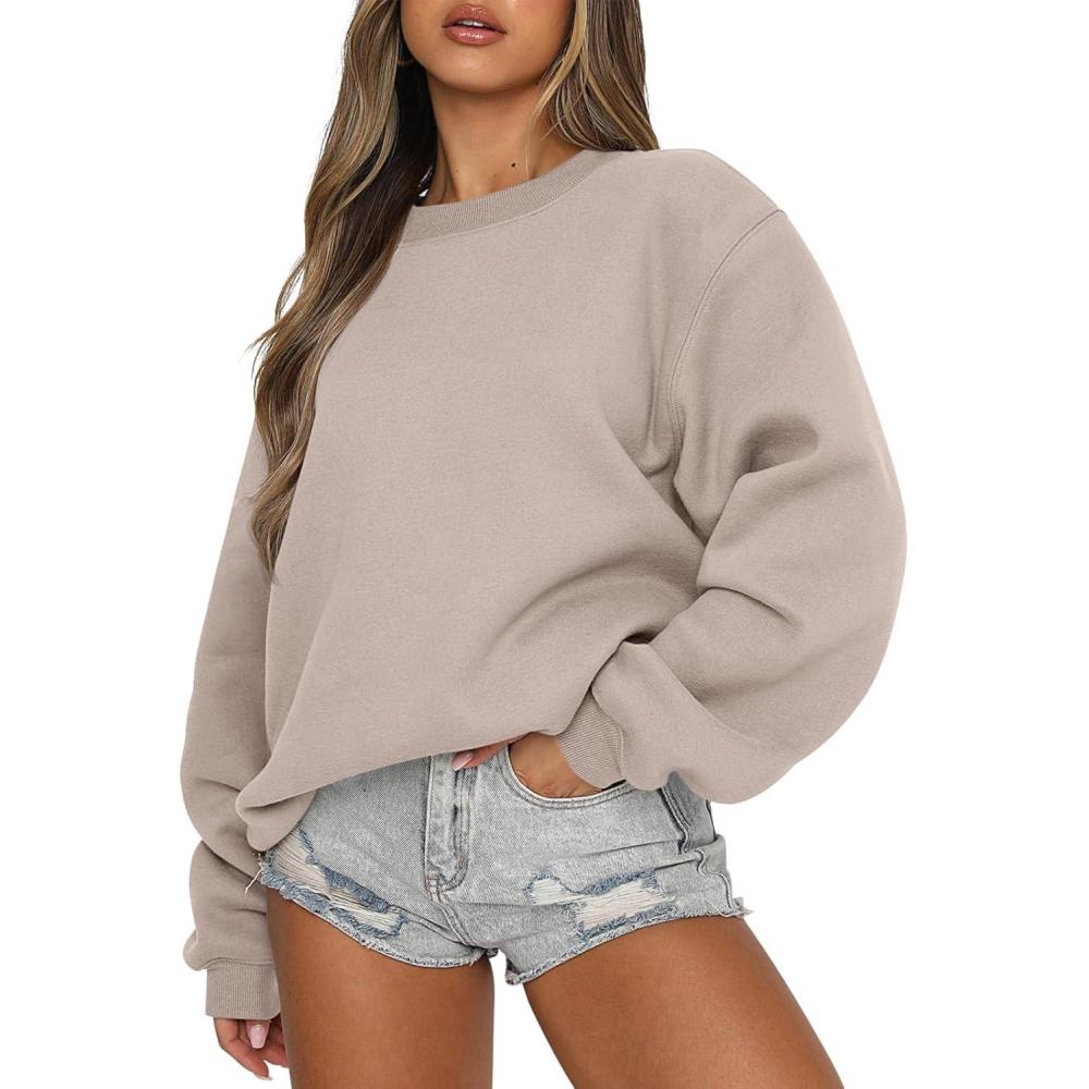 imageANRABESS Womens Sweatshirts Crewneck Fleece Oversized Pullover Sweaters Fall Winter Cute Tops Teen Girls Preppy Clothes 2025Light Khaki