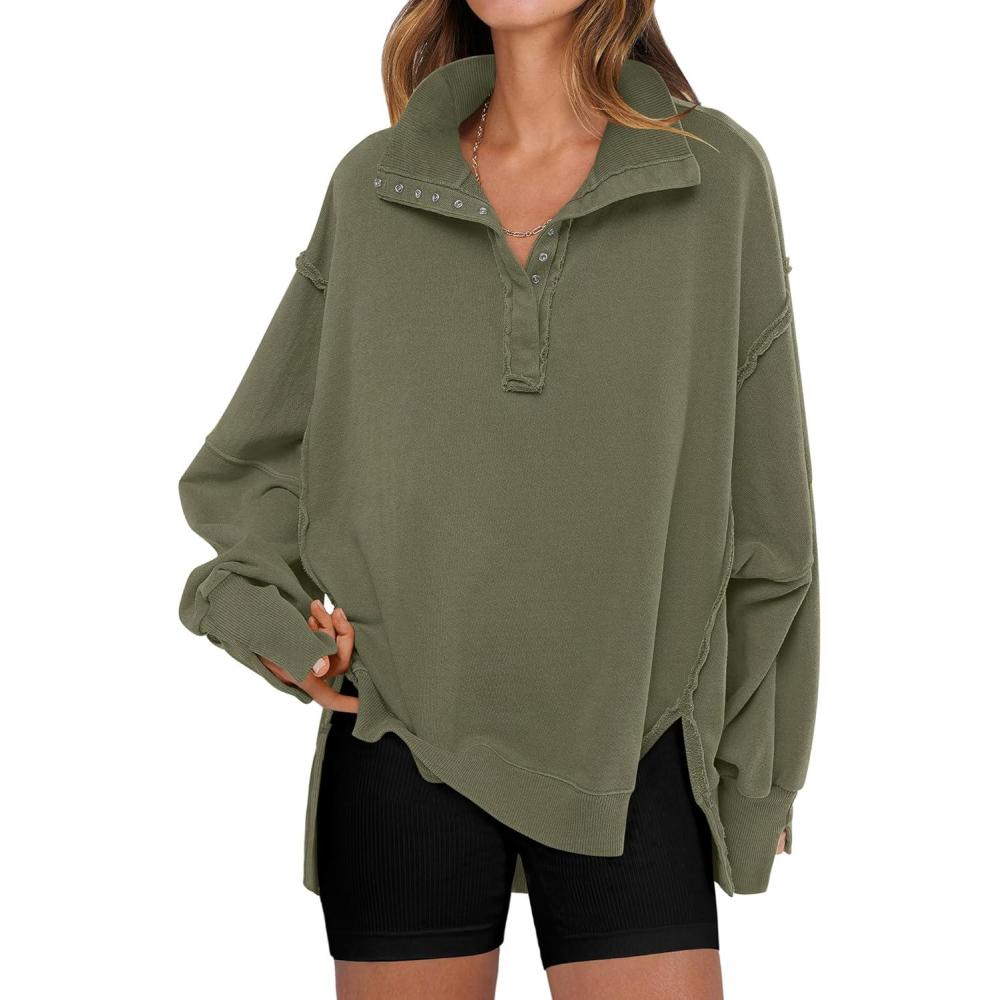 imageANRABESS Womens Sweatshirts Oversized Casual Loose Button Up Henley Pullover Top High Low Split 2025 Fall Fashion OutfitsArmy Green