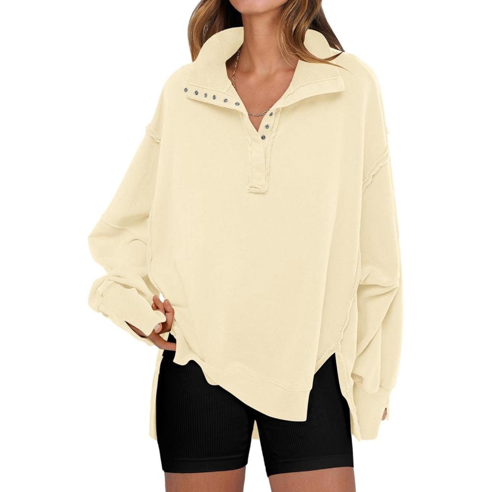 imageANRABESS Womens Sweatshirts Oversized Casual Loose Button Up Henley Pullover Top High Low Split 2025 Fall Fashion OutfitsBeige