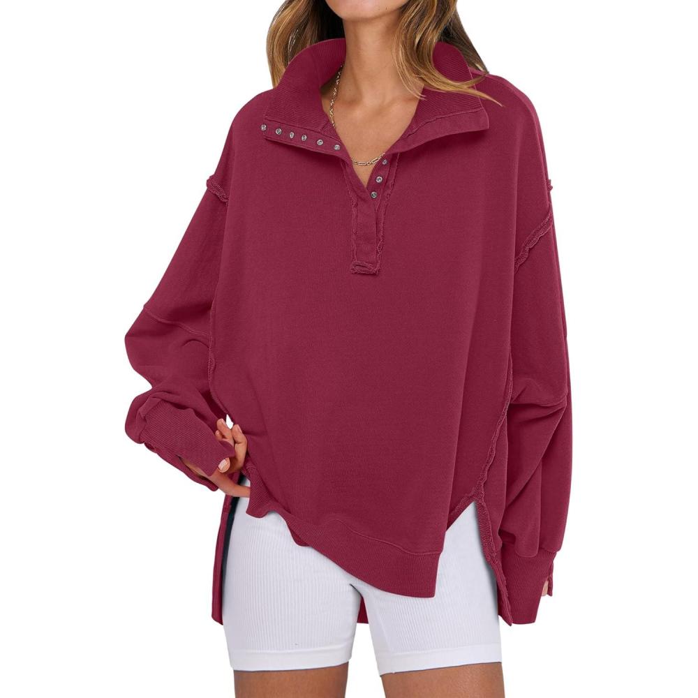 imageANRABESS Womens Sweatshirts Oversized Casual Loose Button Up Henley Pullover Top High Low Split 2025 Fall Fashion OutfitsDeep Red