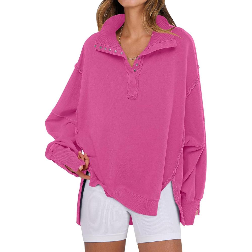 imageANRABESS Womens Sweatshirts Oversized Casual Loose Button Up Henley Pullover Top High Low Split 2025 Fall Fashion OutfitsHot Pink