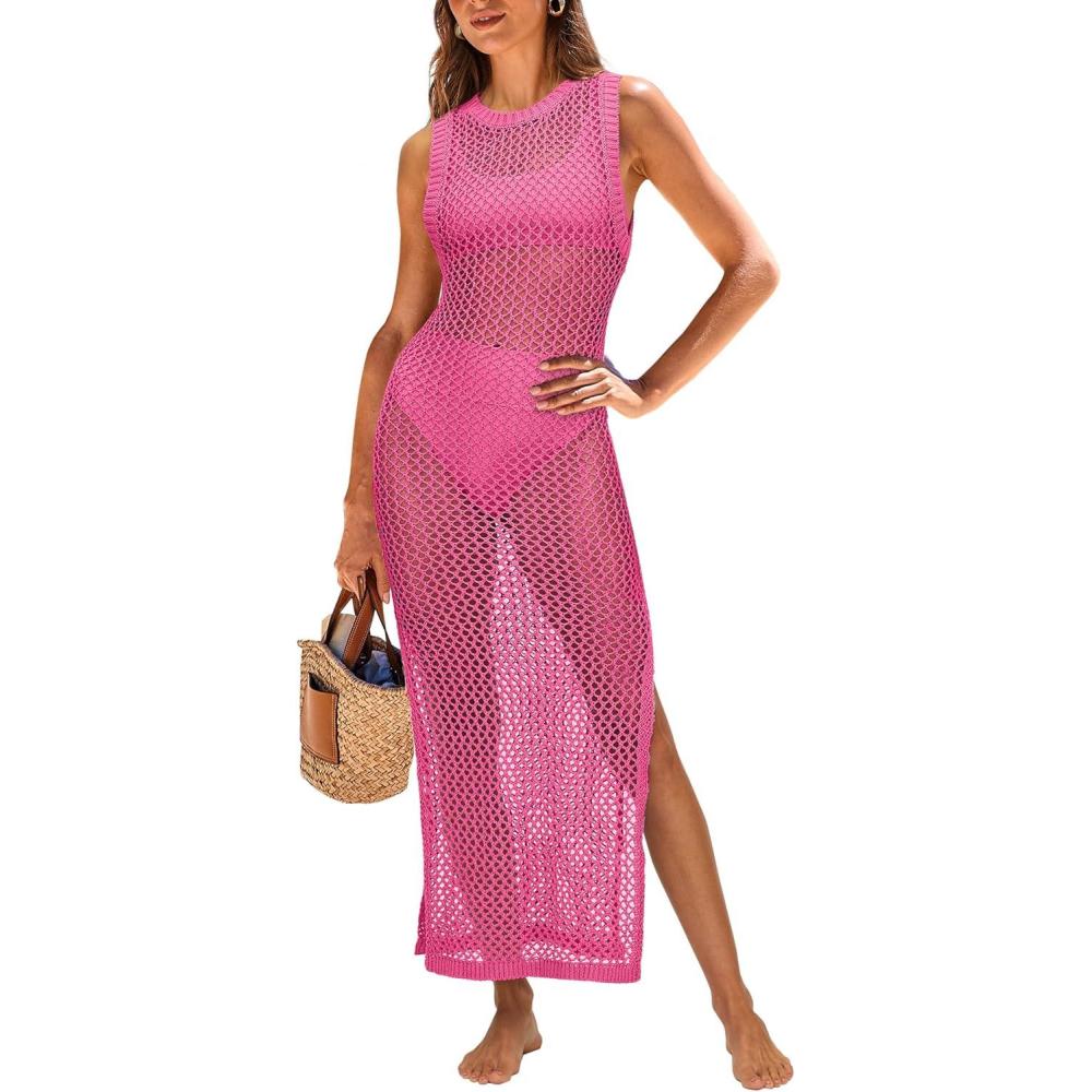 imageANRABESS Womens Swimsuit Cover Up Sleeveless Hollow Knit Bikini Swimwear Bathing Suit Coverup Crochet Beach DressHot Pink