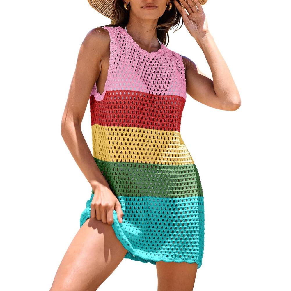imageANRABESS Womens Swimsuit Cover Up Sleeveless Knit 2025 Summer Outfits Swimwear Bathing Suit Coverup Crochet Beach DressRainbow