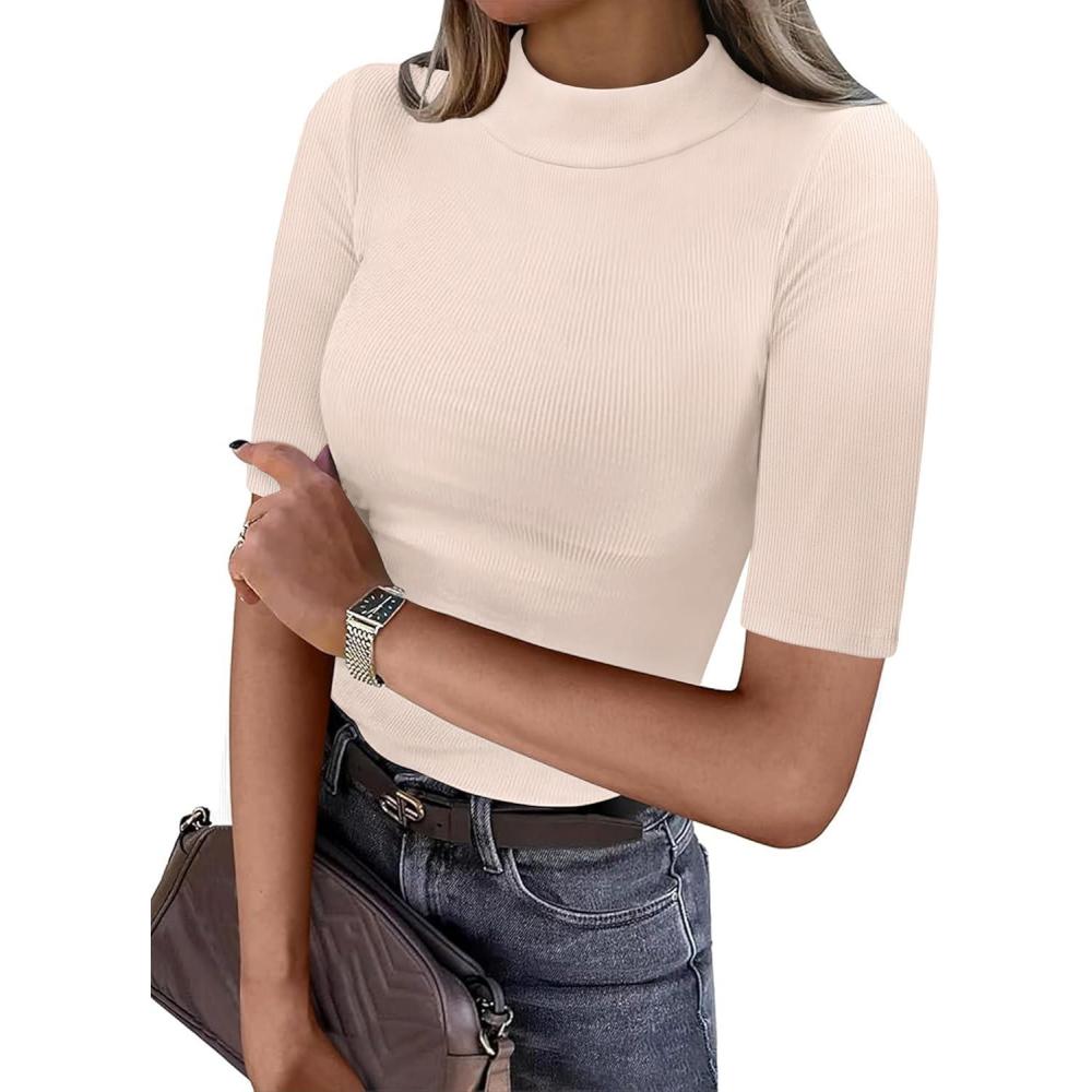 imageANRABESS Womens Tops Mock Neck Half Sleeve Shirts Ribbed Knit Slim Fit Basic Tee 2025 Summer Fall Dressy Casual TShirtsBeige