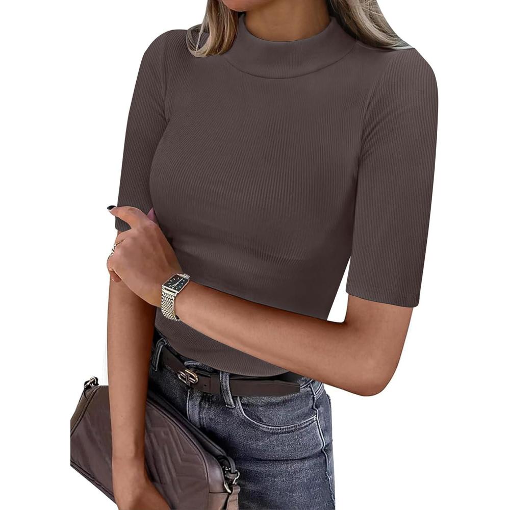 imageANRABESS Womens Tops Mock Neck Half Sleeve Shirts Ribbed Knit Slim Fit Basic Tee 2025 Summer Fall Dressy Casual TShirtsBrown